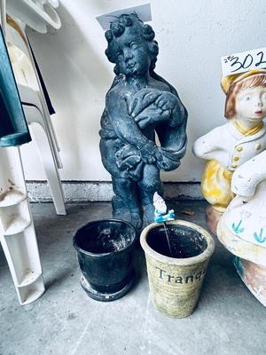 CONCRETE BOY AND 2 SMALL CLAY PLANTERS