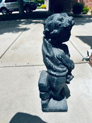 CONCRETE BOY AND 2 SMALL CLAY PLANTERS