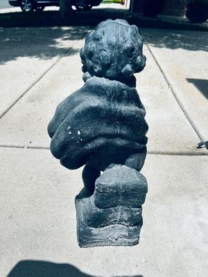 CONCRETE BOY AND 2 SMALL CLAY PLANTERS