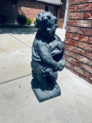 CONCRETE BOY AND 2 SMALL CLAY PLANTERS
