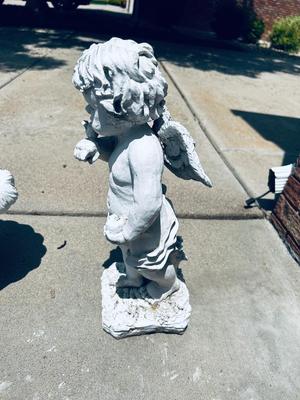 CONCRETE BASKET AND PLASTIC CHERUB