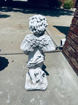CONCRETE BASKET AND PLASTIC CHERUB