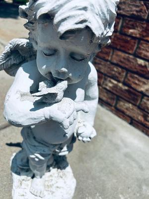 CONCRETE BASKET AND PLASTIC CHERUB