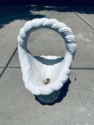 CONCRETE BASKET AND PLASTIC CHERUB