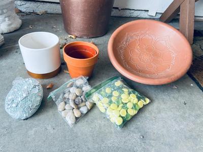 41 ” TALL VASE, PLANTERS AND DECORATIVE ROCKS