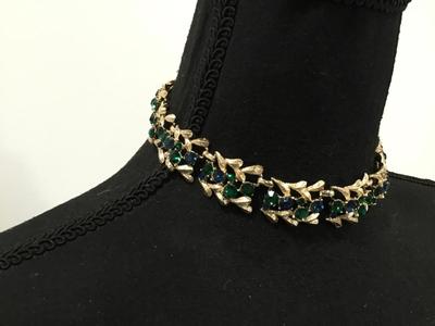 Vintage Coro Blue and Green Rhinestone Collar Necklace Excellent