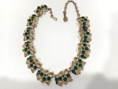 Vintage Coro Blue and Green Rhinestone Collar Necklace Excellent