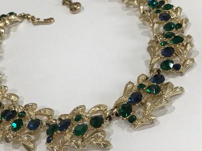 Vintage Coro Blue and Green Rhinestone Collar Necklace Excellent