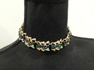 Vintage Coro Blue and Green Rhinestone Collar Necklace Excellent