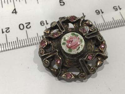 Guilloche pink arose Venter pink Rhinestone Brooch Vintage