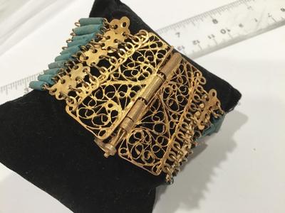 Vintage Egyptian Revival Faience Stone Type Bead Bracelet Filagree