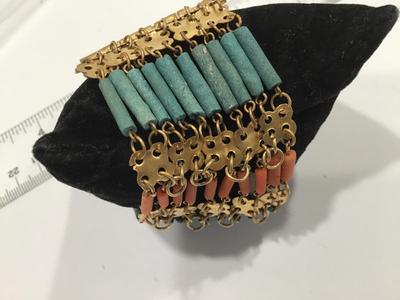 Vintage Egyptian Revival Faience Stone Type Bead Bracelet Filagree