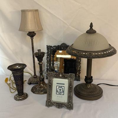 Godinger Silverplate & Blue Glass Vase with Ornate Silver Lamps & Decor (K-HS)