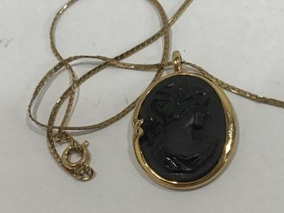 Black Stone Type Cameo Necklace Vintage With Chain