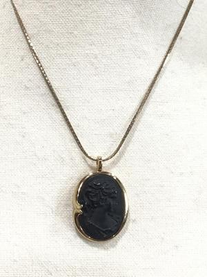 Black Stone Type Cameo Necklace Vintage With Chain