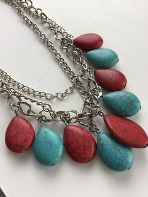 Silver tone blue and red stone type fashion necklace