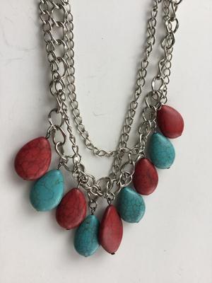 Silver tone blue and red stone type fashion necklace