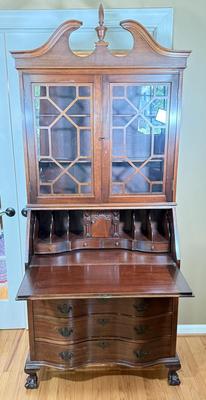LOT 102L: 1940s Maddox Tables Tambour Door Drop Front Mahogany Secretary Desk w/ Keys