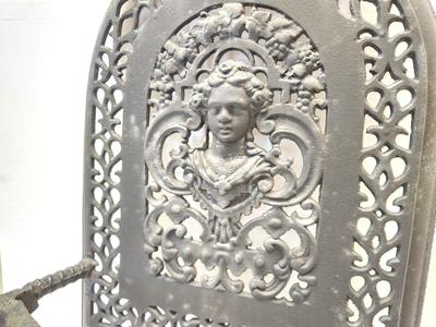 Lot #69 Antique Cast Iron Insert for Coal Burning Fireplace - interesting "lady face" design