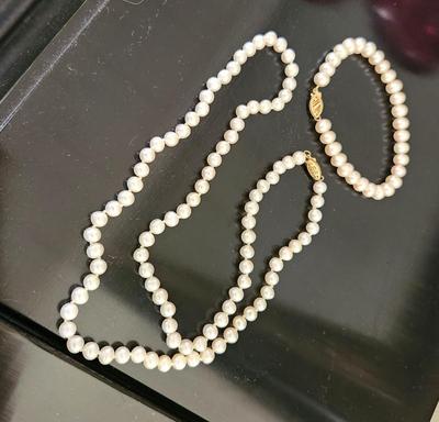 Lot #72 Natural Freshwater Pearl Necklace and Earring Set - both with 14kt gold clasps.