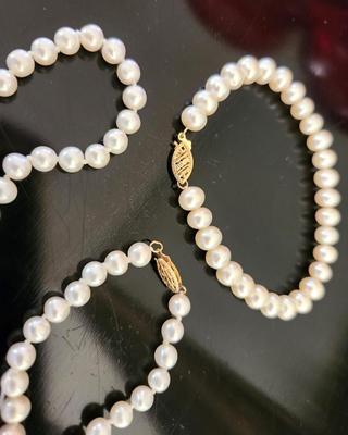 Lot #72 Natural Freshwater Pearl Necklace and Earring Set - both with 14kt gold clasps.