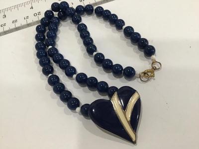 Navy Blue Enamel Heart With Blue and a white Spacers Vintage