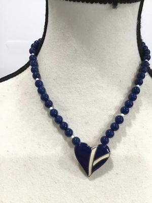 Navy Blue Enamel Heart With Blue and a white Spacers Vintage