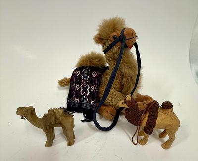 3 piece Lot - CAMELS - Plush came; and two Carved Wood Camels