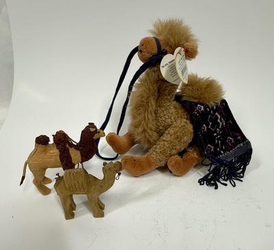 3 piece Lot - CAMELS - Plush came; and two Carved Wood Camels