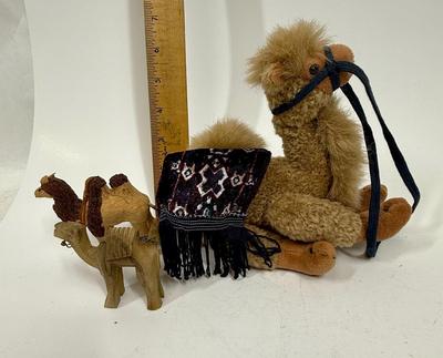 3 piece Lot - CAMELS - Plush came; and two Carved Wood Camels