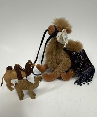3 piece Lot - CAMELS - Plush came; and two Carved Wood Camels