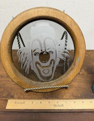 Frosted Round Glass Clown Portrait Image - Wood Framed