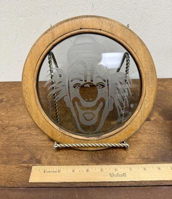 Frosted Round Glass Clown Portrait Image - Wood Framed