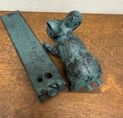 Cast Iron Mouse Door Stop Wedge Figural Blue-Green Finish