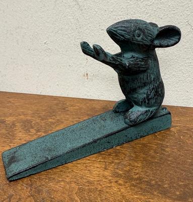 Cast Iron Mouse Door Stop Wedge Figural Blue-Green Finish
