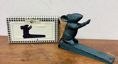 Cast Iron Mouse Door Stop Wedge Figural Blue-Green Finish