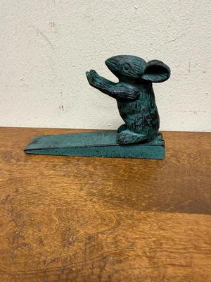 Cast Iron Mouse Door Stop Wedge Figural Blue-Green Finish