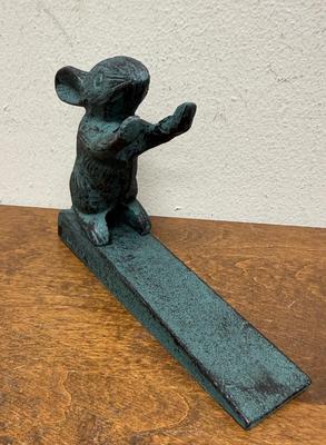 Cast Iron Mouse Door Stop Wedge Figural Blue-Green Finish