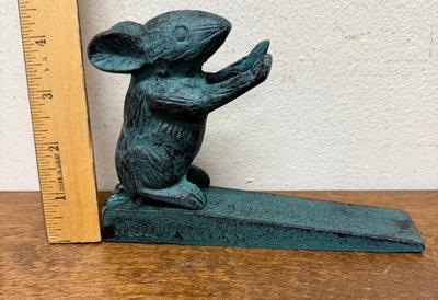 Cast Iron Mouse Door Stop Wedge Figural Blue-Green Finish