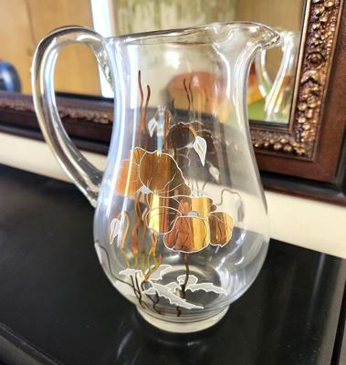 Lot #82 Vintage Glass Pitcher - Mid Century - Gold Water Lillies