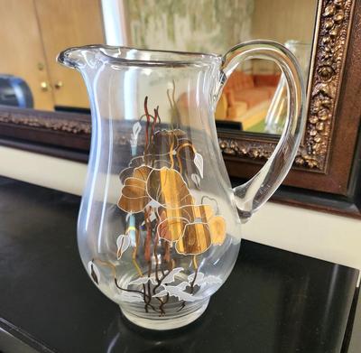 Lot #82 Vintage Glass Pitcher - Mid Century - Gold Water Lillies