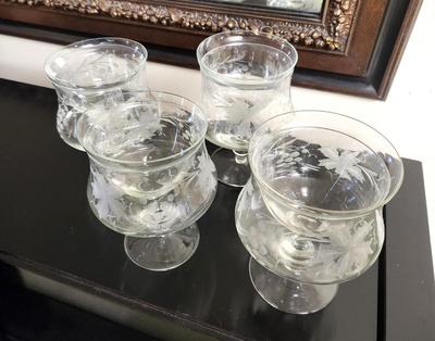 Lot #84 Lot of 4 Vintage Shrimp Cocktail Dishes - etched grape design