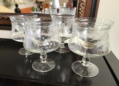 Lot #84 Lot of 4 Vintage Shrimp Cocktail Dishes - etched grape design