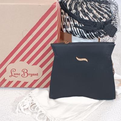 LOT 49: Vintage HL USA Handbag, Multi-Color Straw Hat, Scarf & 1960s Lane Bryant Hat Box