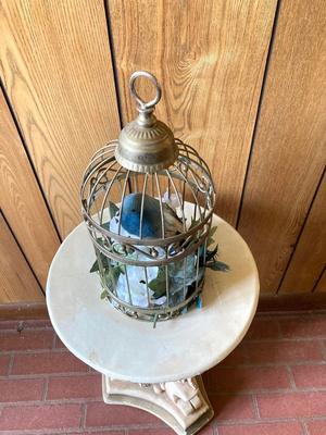 LOT 77: Sweet Cherub Pedestal with Decorative Bird House and Picture Frame
