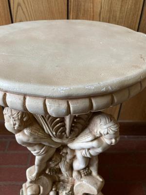 LOT 77: Sweet Cherub Pedestal with Decorative Bird House and Picture Frame