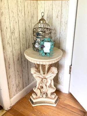 LOT 77: Sweet Cherub Pedestal with Decorative Bird House and Picture Frame