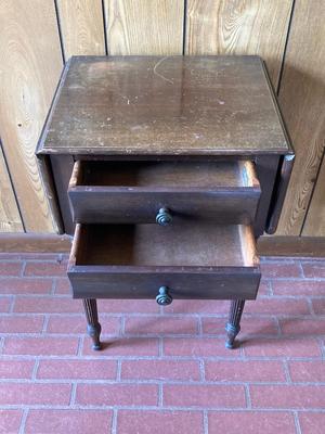 LOT 78: Beautiful Painted Glass Lamp with Mahogany Drop Leaf Side Table