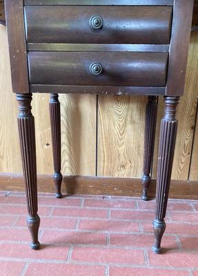 LOT 78: Beautiful Painted Glass Lamp with Mahogany Drop Leaf Side Table