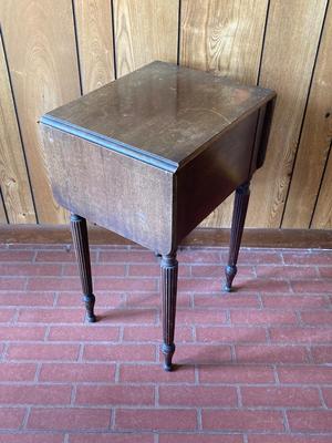 LOT 78: Beautiful Painted Glass Lamp with Mahogany Drop Leaf Side Table